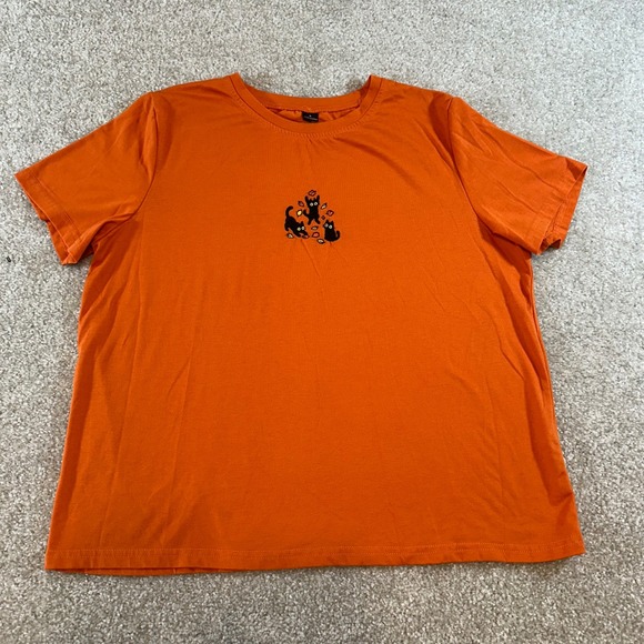 Unbranded Tops - Orange Black Cats Autumn Leaves Embroidered Short Sleeve T-Shirt Large Halloween